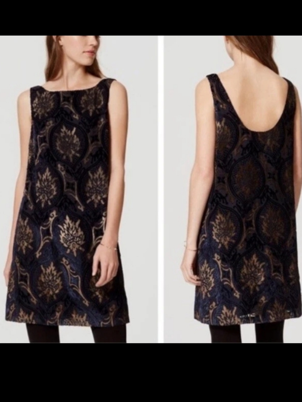 LOFT Mystic Velvet Swing Dress Navy and Gold Burnout Medium Sleeveless Drop Back
